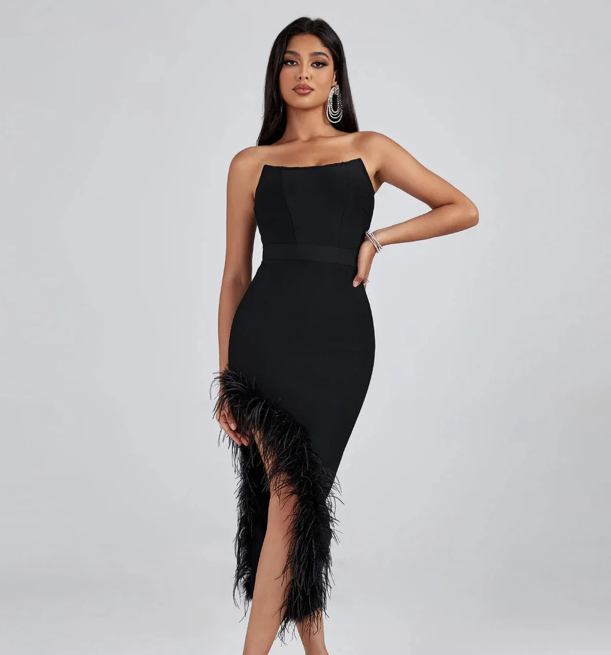 

WillBeNice Luxury Black Feathers Strapless Bandage Dress Eveing Midi Backless Split Sexy Dress Bodycon Celebrity Party Vestidos