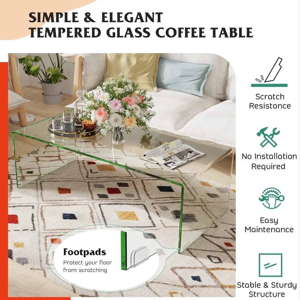 Glass Coffee Table Modern Home Furniture Clear Tempered Glass End Table Waterfall Table with Rounded Edges 6
