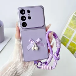 Elegant Pearl Bow Knot Wrist Lanyard Phone Case Cover - Galaxy A27 (PURPLE)