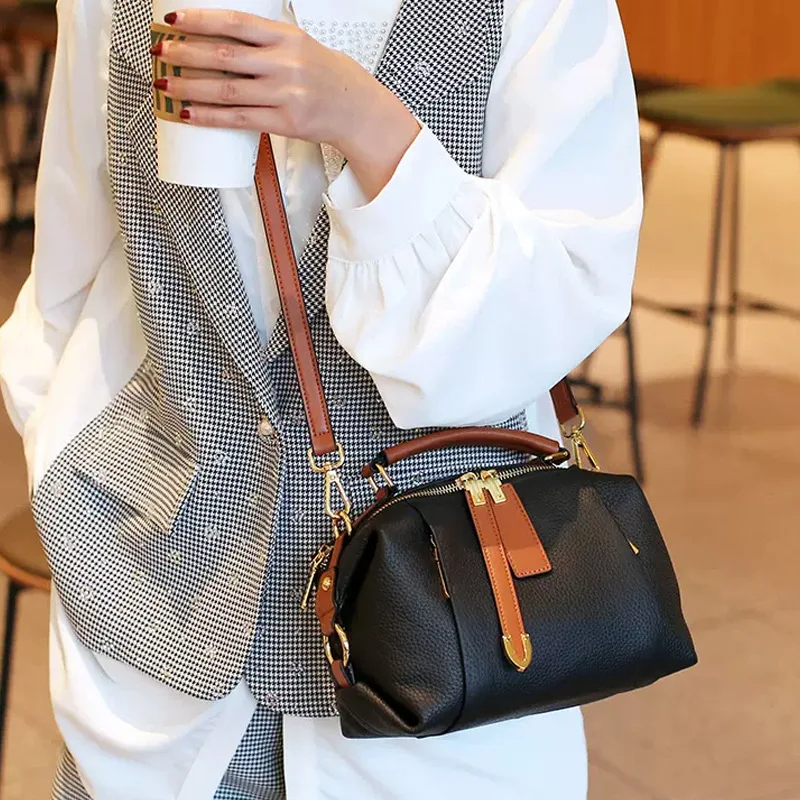 Women's One Shoulder Bag Crossbody Handbag Y2k Genuine Leather New Versatile Top Layer Cowhide Contrasting Color Boston Pillow