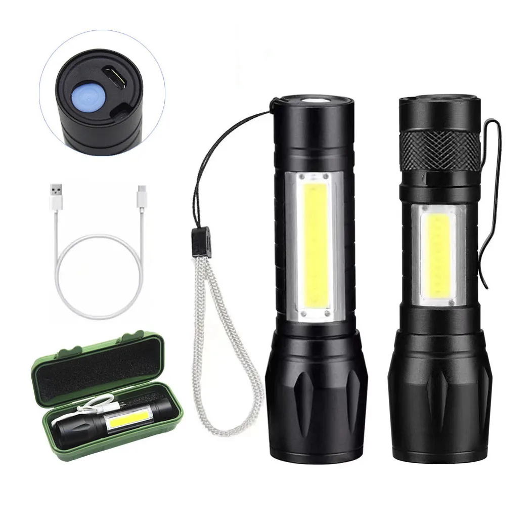 휴대용 LED 손전등 줌 포커스 토치 램프, 충전식 USB 랜턴, COB 내장 배터리, Q5 방수 캠핑 조명
