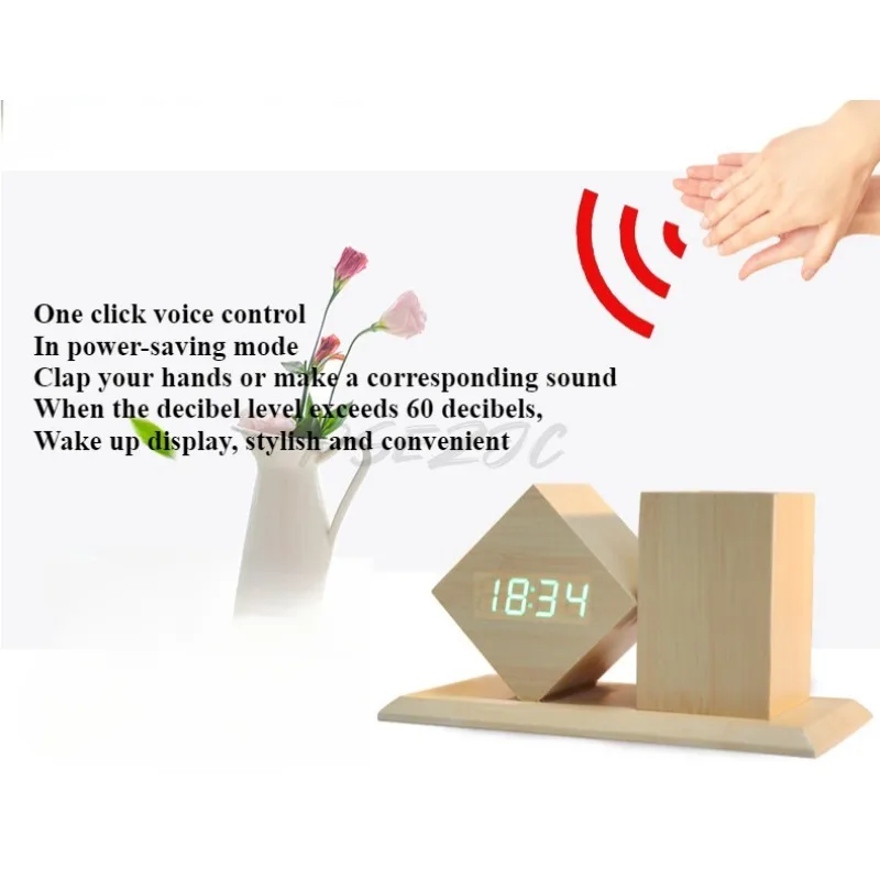 Creative Wood Clock LED Smart Alarm Clock Home Office Desktop Pen Holder Wood Smart Electronic