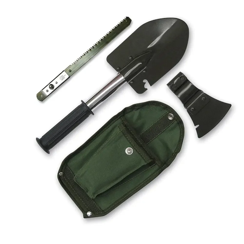 6-in-1 Survival Tool Shovel Hatchet Hammer Saw Nail Puller Can Opener Modular Handle Steel Construction Sheath Belt Loop