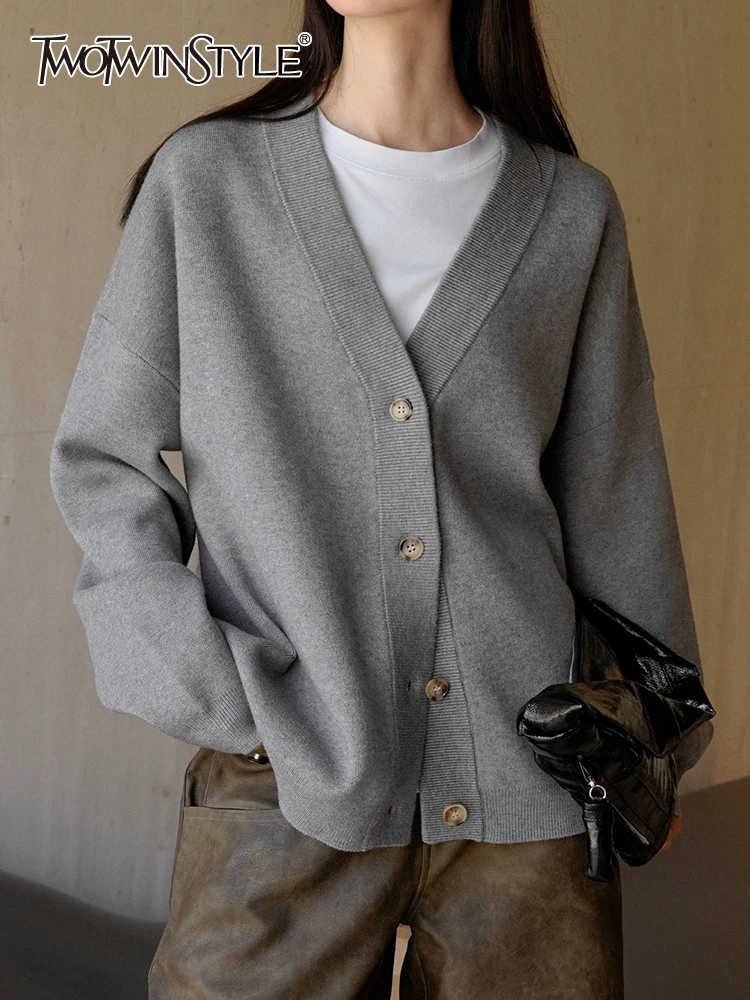 

TWOTWINSTYLE Vintage Casual Sweaters For Women V Neck Long Sleeve Patchwork Single Breasted Minimalist Sweater Female Clothing