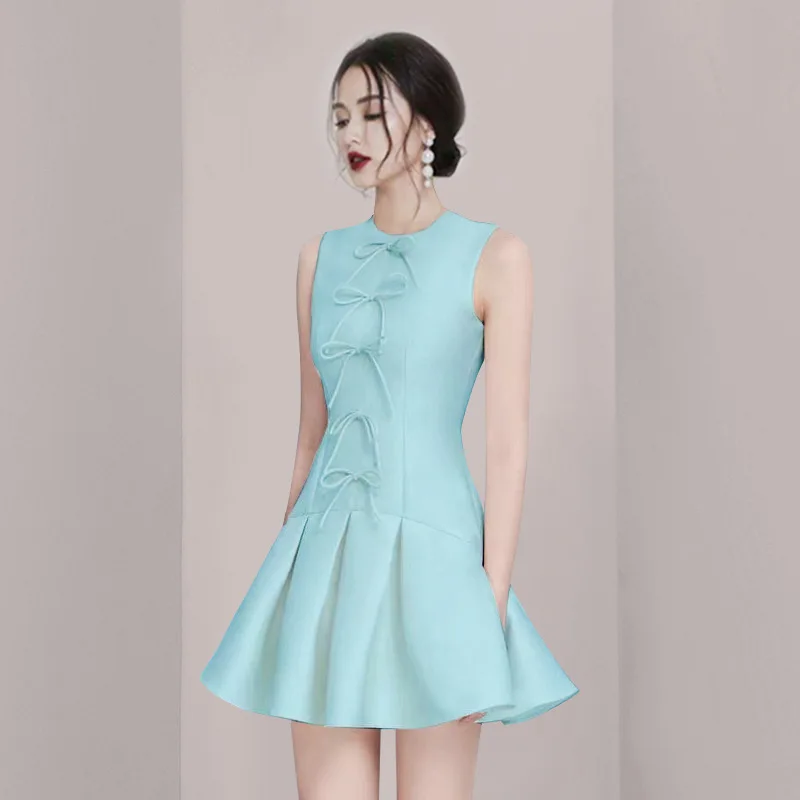 

2023 Summer Women's Beauty Temperament Solid Round Neck Bowknot Goddess Fishtail Dress