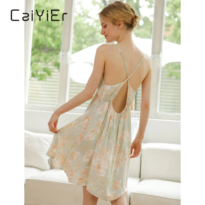 

CAIYIER 2022 Sexy Flower Women Nightdress Summer Sling Cross Backless Sleepshirts V-Neck Girl Dresses Feamle Lingerie Nightgowns