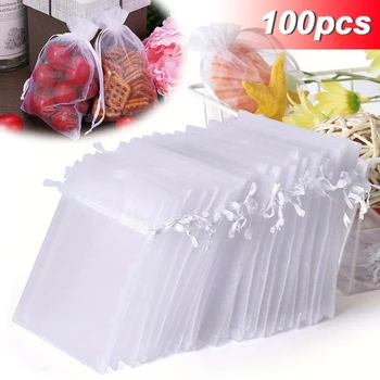 100PCS Organza Bags Random Mesh Organza Jewelry Bags Drawstring, Small Drawstring Favor Pouches Christmas Candy Wedding Birthday 1