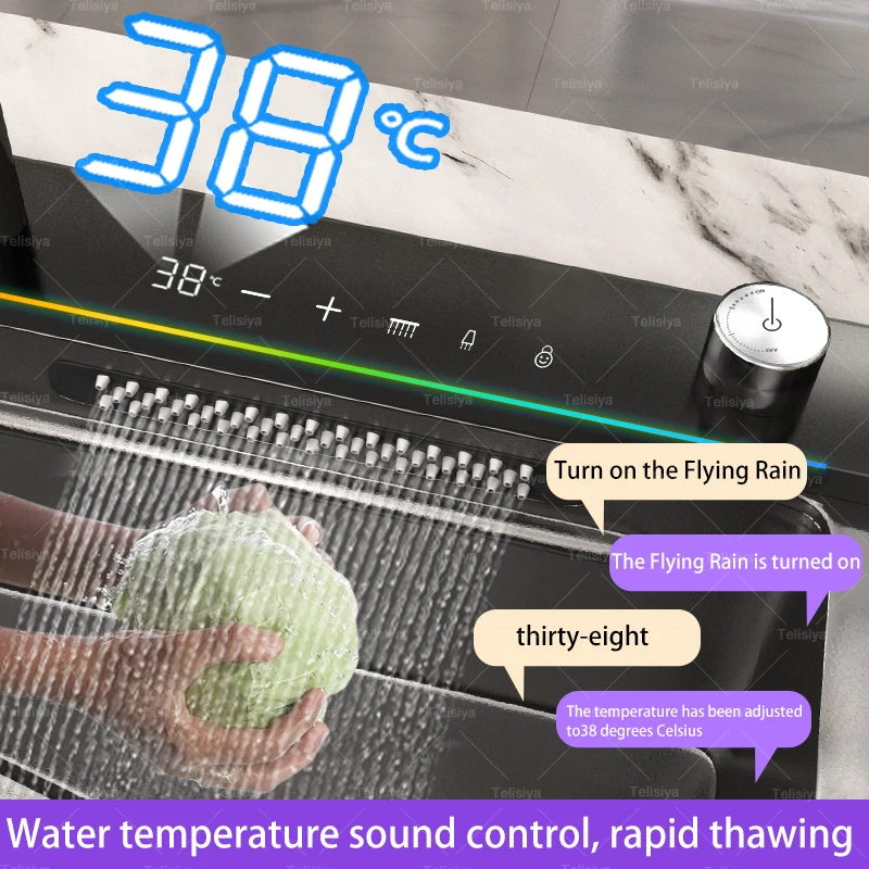 Stainless Steel Waterfall Kitchen Sink AI voice-controlled Large Single Slot Multifunctional Dishwashing Vegetable WashBasin