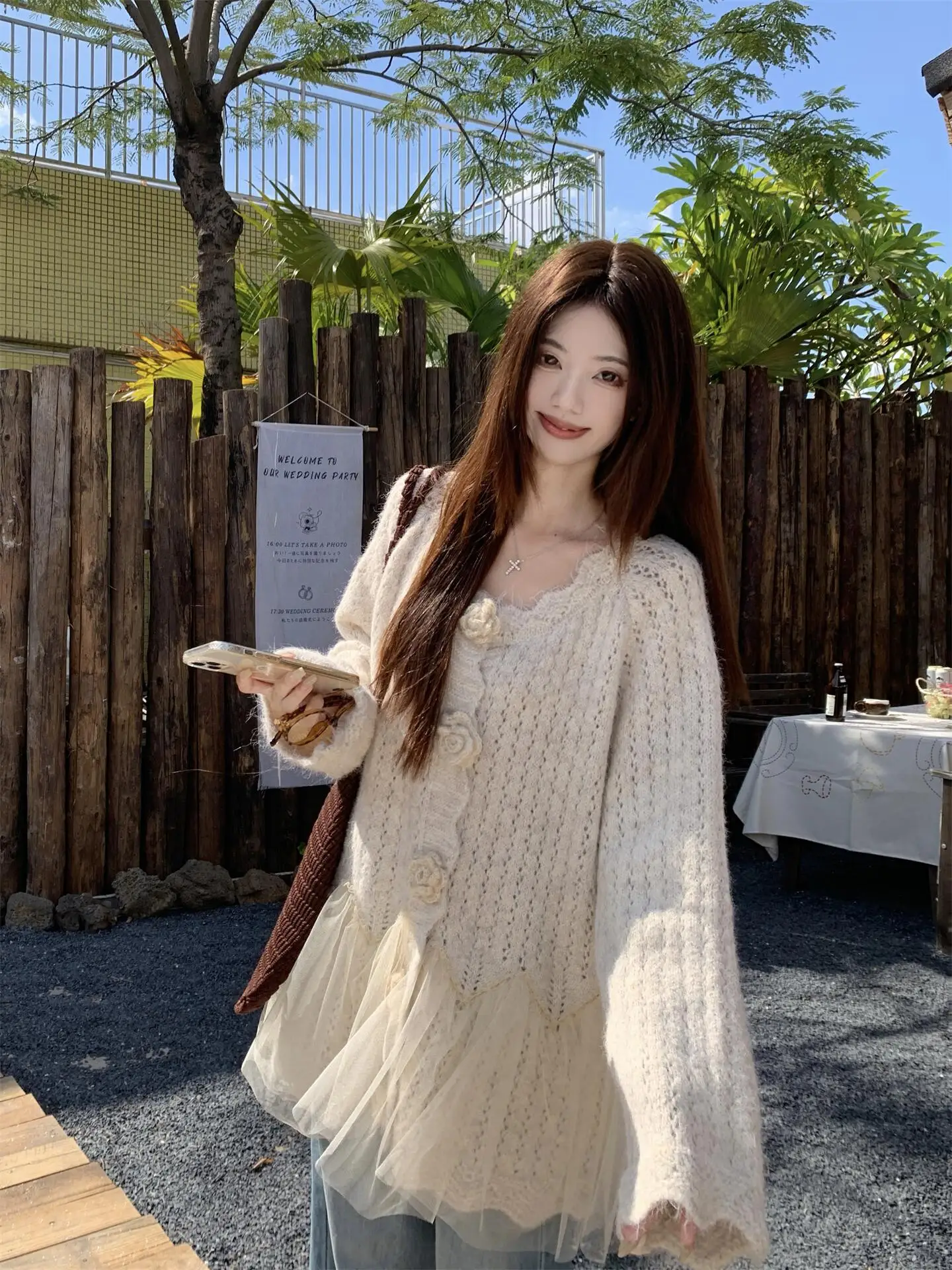 3D Floral Mesh Splicing Knitted Sweater Coat Women's Spring New Mid-Length Casual Top V-neck Long Sleeve Button Closure