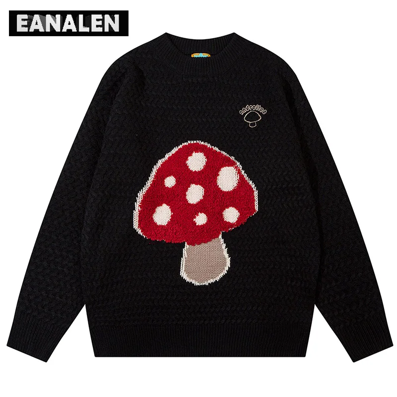 

Harajuku Vintage Black Mushroom Graphic Sweater Men's Winter Oversized Knitted Pullover Cartoon Anime Grandpa Ugly Sweater Women