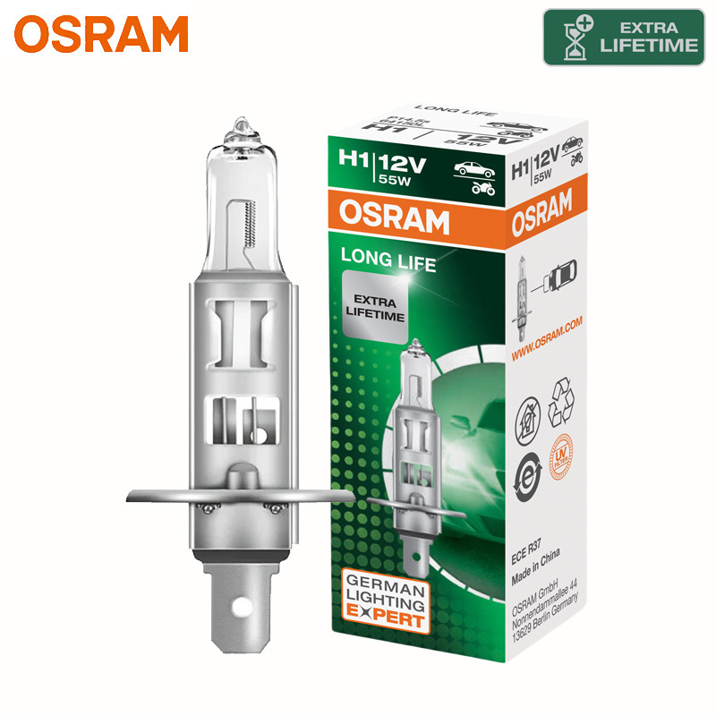 OSRAM LONG LIFE H1 Car Halogen Headlight Original Auto Bulb P14.5s 12V 55W 3200K White More Durable Standard Lamp 64150L 1/2X