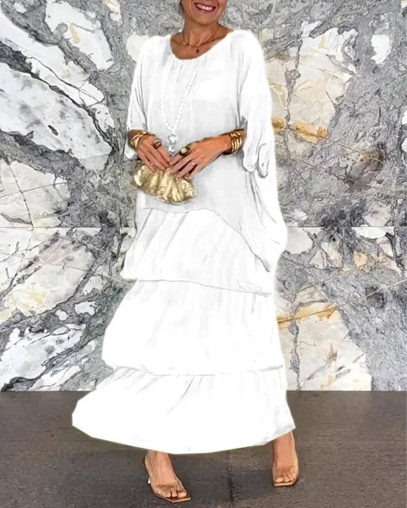 Flower Print Chiffon Dresses Women Fashion Temperament O Neck Bat Sleeve Layered Cake Dress Female Spring Summer New Vestidos
