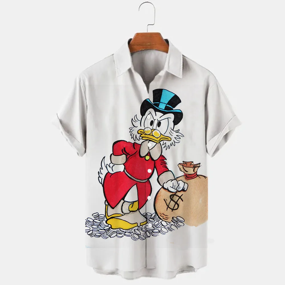 Novo verão 2022 disney pato donald e mickey marca dos desenhos animados casuais 3d impresso manga curta lapela camisa de ajuste fino masculino topo