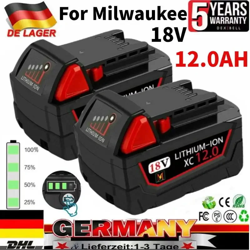 

18V 12.0Ah Replacement for Milwaukee M18 XC Lithium Battery 48-11-1860 48-11-1850 48-11-1840 48-11-1820 Rechargeable Batteries