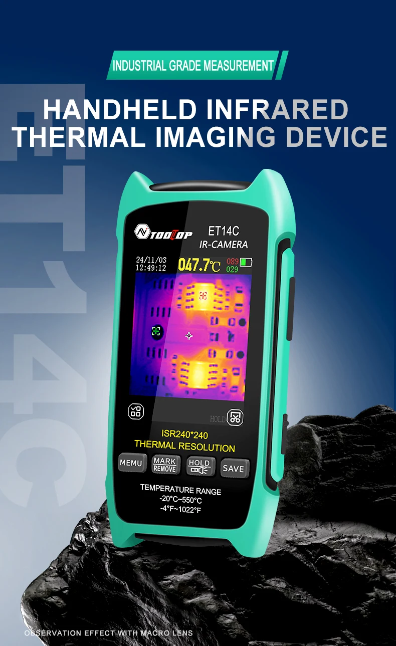 Front view of the ET14C handheld thermal imager in a technician’s hand