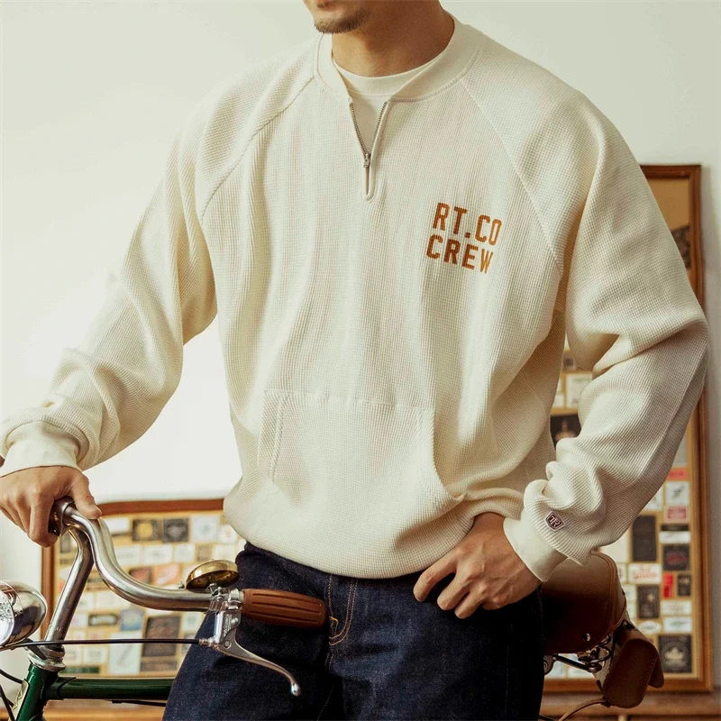Red Tornado Quarter-Zip Waffle Knit Shirt Retro Preppy Style Mens Pullover Vestibilità Rilassata