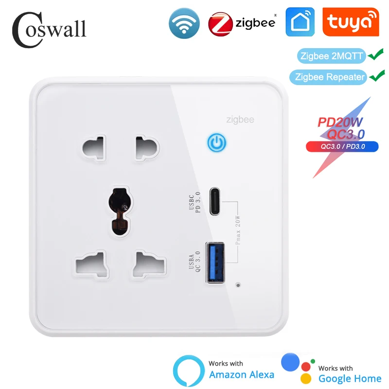 COSWALL Glass White WiFi Zigbee Tuya Universal Socket, touch main switch dual USB 20W Type C fast charger QC 3.0 DC 5V 9V 12V output