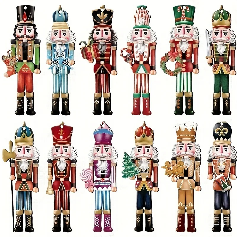 12pcs Christmas Nutcracker Soldier Wooden Pendant Xmas Tree Hanging Ornament Navidad Decoration for Home 2025 New Year Gifts