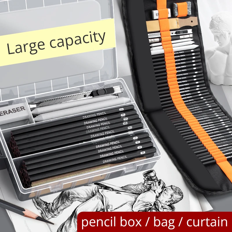 26/37/46pcs Sketch Pencils Set Sketching Kit Protable Canvas Wrap Bag Drawing Art Supplies Charcoals Kneaded Eraser Pencil Case
