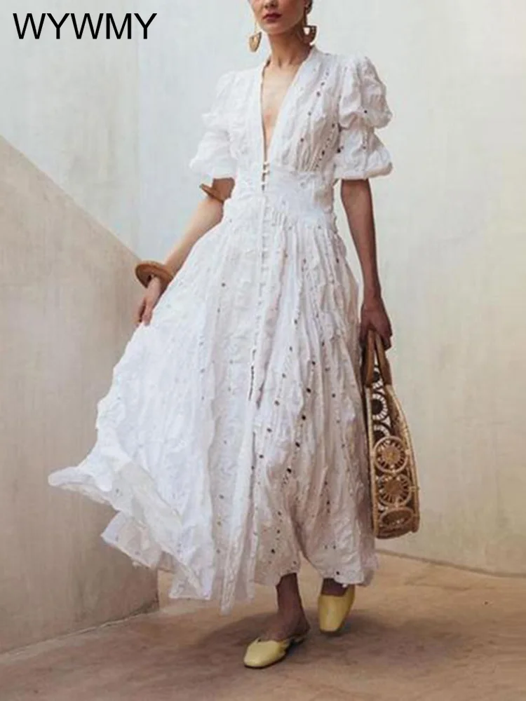 

Lace Hollow White Dress Women Casual Dresses Maxi Robe Puff Sleeve V-neck Long Dress Autumn Female Clothing Vestidos Feminino