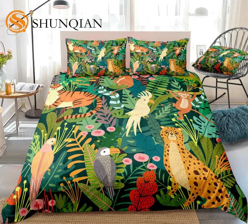 

Wild Animals Bedding Set Tropical Plant Floral Duvet Cover Parrot Monkey Comforter Cover Palm Leaves Quilt Cover
