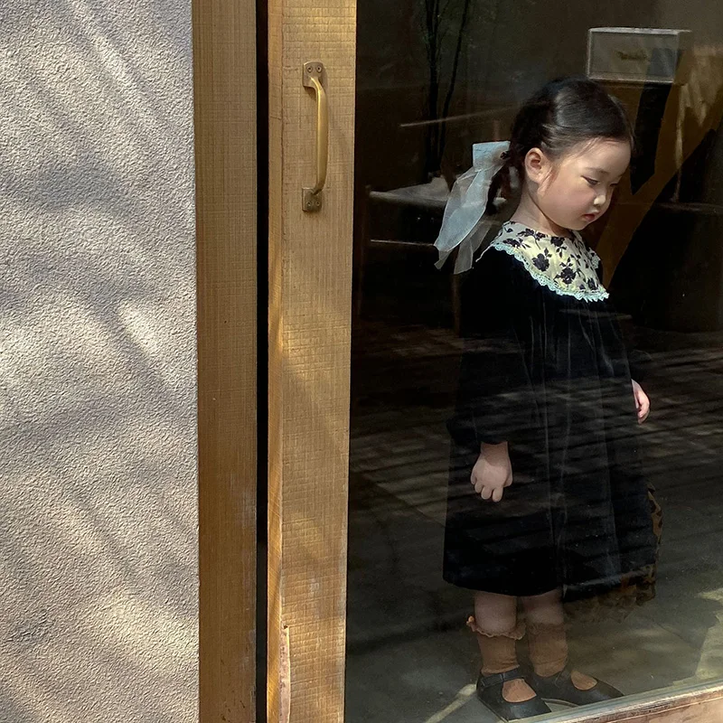 Autumn Velvet Kids Long Dress for Girls Floral Round Collar