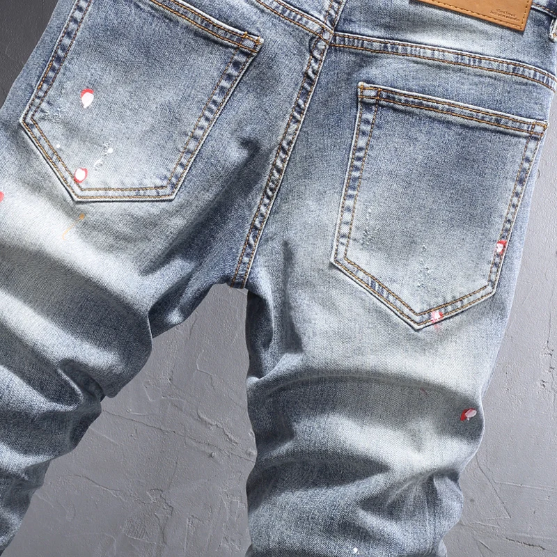 Street Fashion Men Jeans Retro Blue Elastic Stretch Skinny Fit Vintage Ripped Jeans Men Painted Designer Hip Hop Pants Hombre