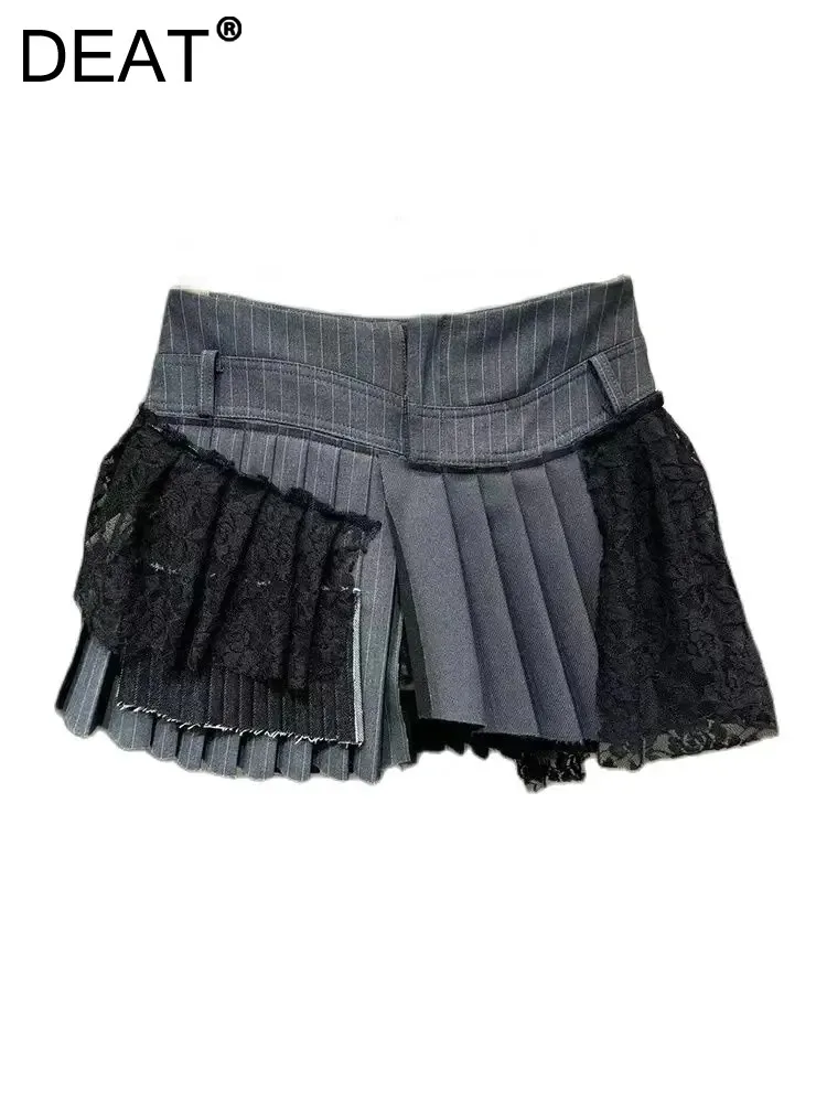 

DEAT Women Short Skirt Patchwork Irregular Asymmetric Pleated Lace Stripe High Waist Mini Skirt 2024 Summer New Fashion 11XX9001