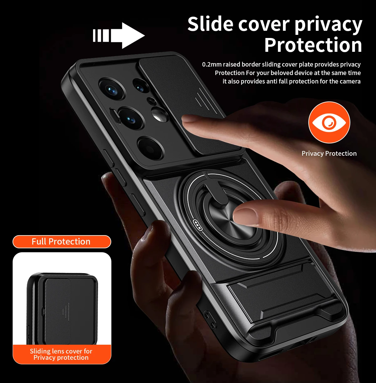 Shockproof Phone Case with Sliding Camera Cap and Built-in Kickstand Magnet Ring