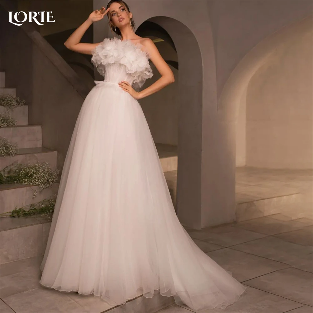 

LORIE Elegant Solid Tulle Wedding Dresses A-Line Off Shoulder Ruched 3D Flowers Bridal Gowns Backless Princess Bride Dress 2023