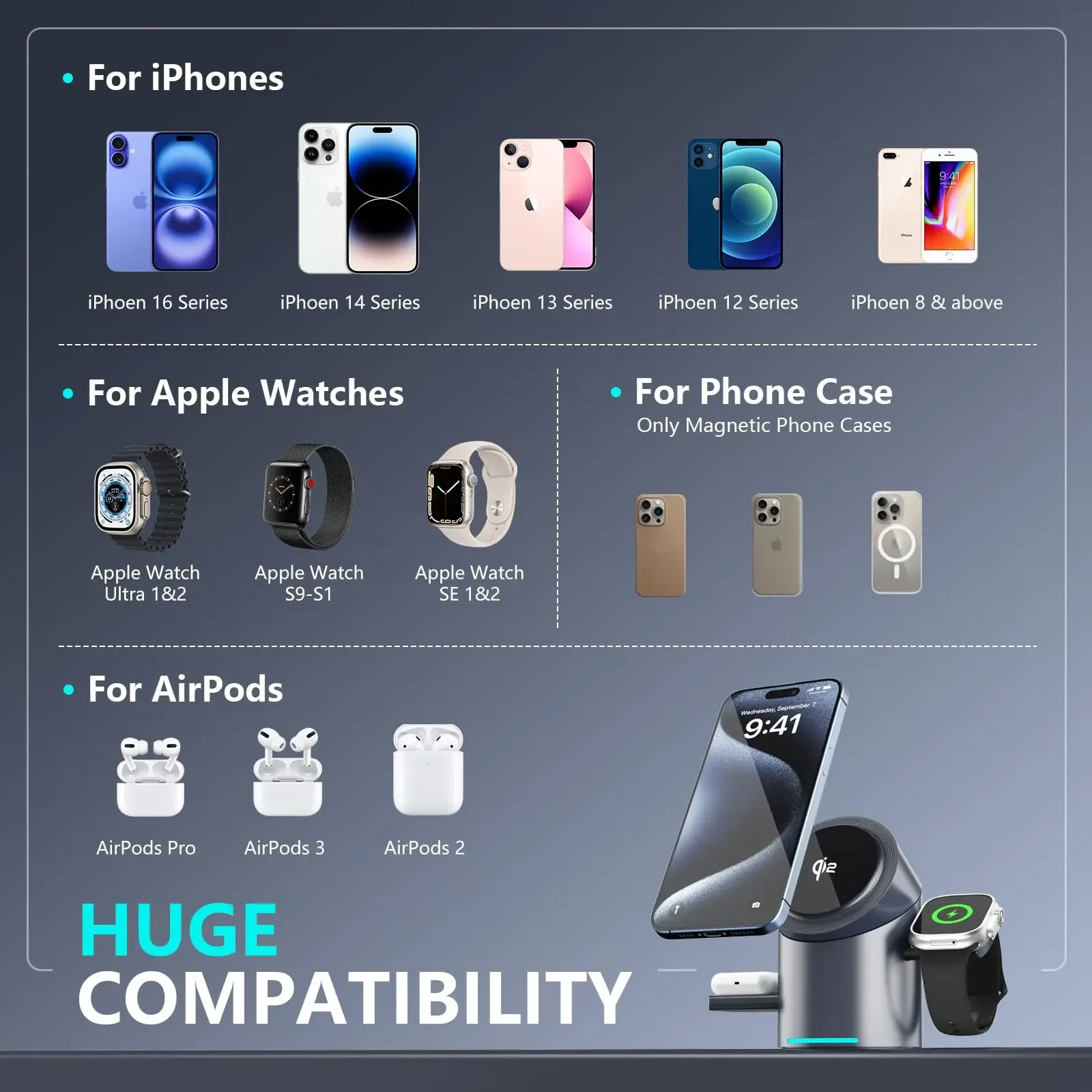 Wireless Charger Qi2 3 in 1 Magnetic Auto Rotation Metal Body for IPhone 16 15 14 13 12 & Apple Watch&Airpods
