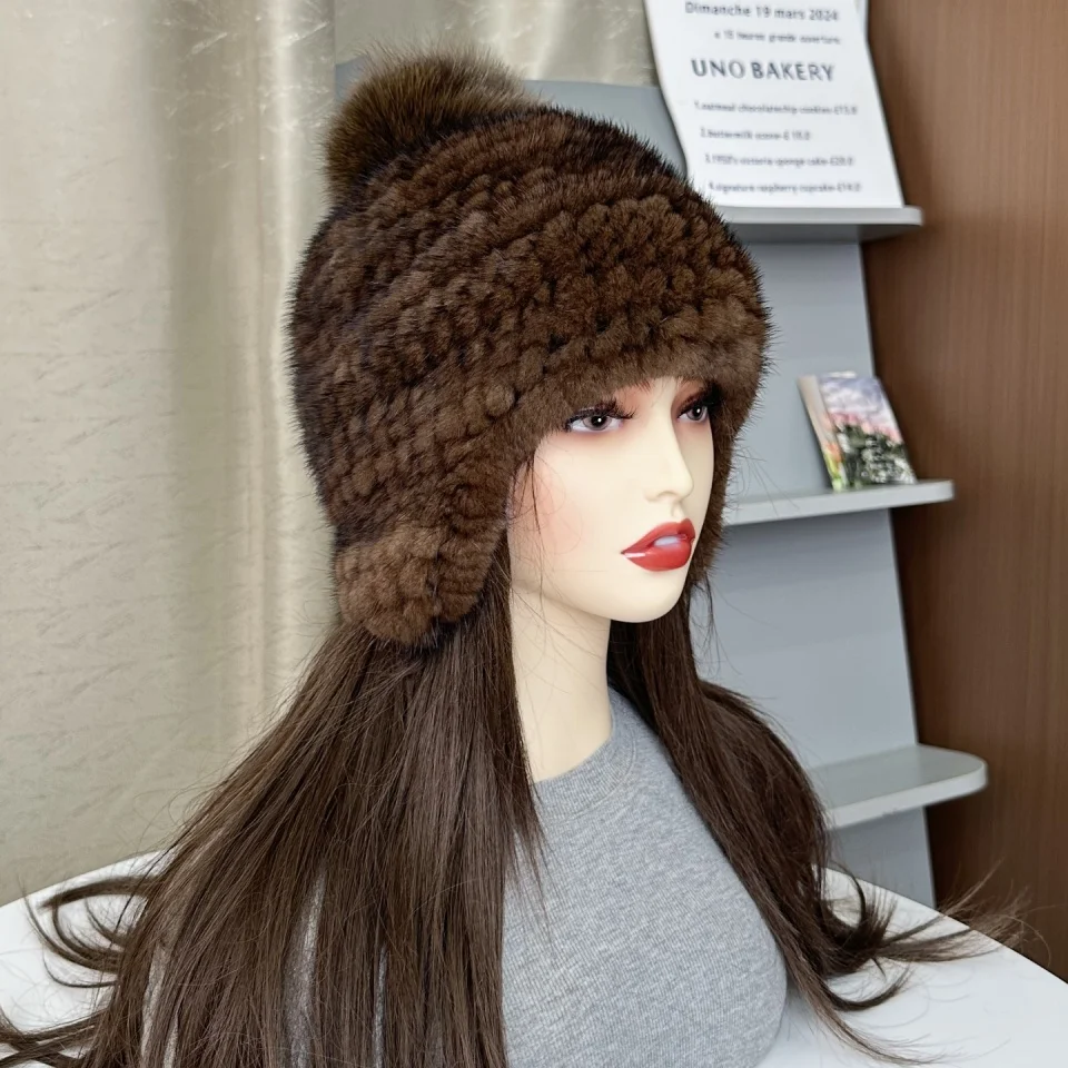 Neue Winter Damen Echt Nerz Pelz Hut Warme Verdickte Ohr Schutz Gestrickte Kappe Damen Winter Mode Zubehör – Detail 25
