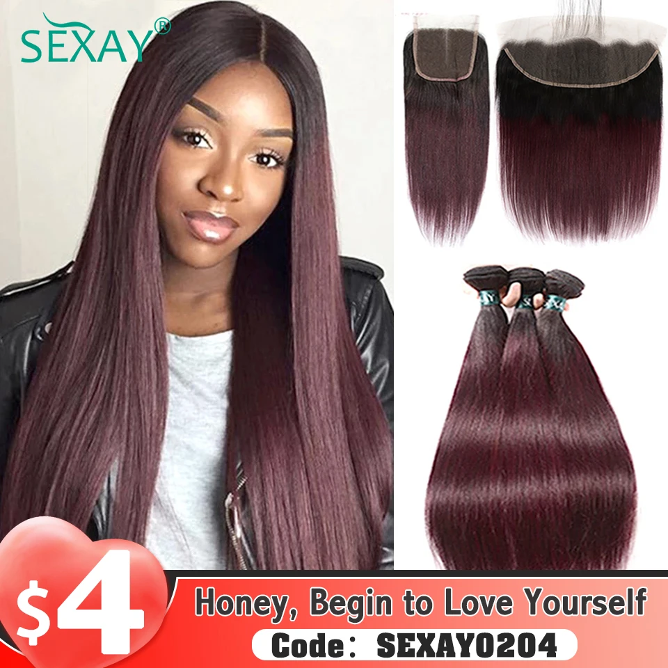 Sexay 99j Bundles With Closure 4x4 Swiss Lace 10a Ombre Burgundy Red  Colored Bazilian Straight Human Hair Weaves With Closures - Pre-colored  Bundle Pack - AliExpress