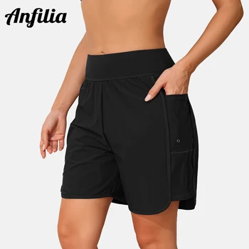 Anfilia Women Swimming Trunks Solid 2 Side Pockets High Waist Built In Briefs Drain Hole Side Slits Tankini Bikini Bottom
