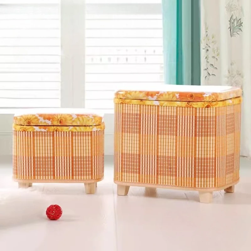 Bamboo Woven Storage Stool and Multi-Functional Wooden Bench