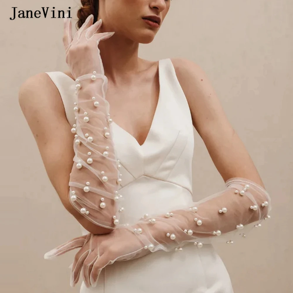 

JaneVini 2023 Luxury Long Tulle Wedding Bridal Dress Gloves Pearls Full Finger Elbow Length Gloves Women Prom Party Accessories