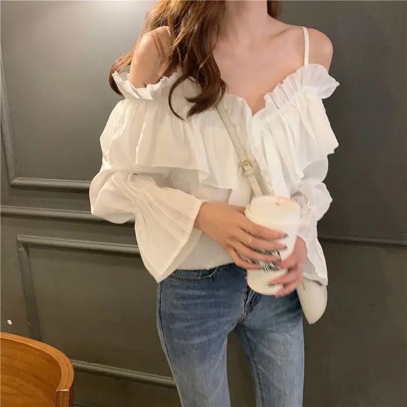 

Womens Blouses Spring New Shirt Sense of Design Niche Lax Ruffles Bare Shoulders Flared Sleeves Long Sleeves Suspenders Coat