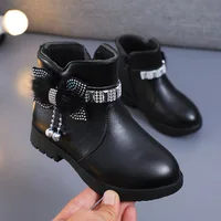 Children's Warm Leather Boots Baby Bow Girl Cute Cotton Shoes Plush Winter New Cotton Boots Girls Short Boots 5