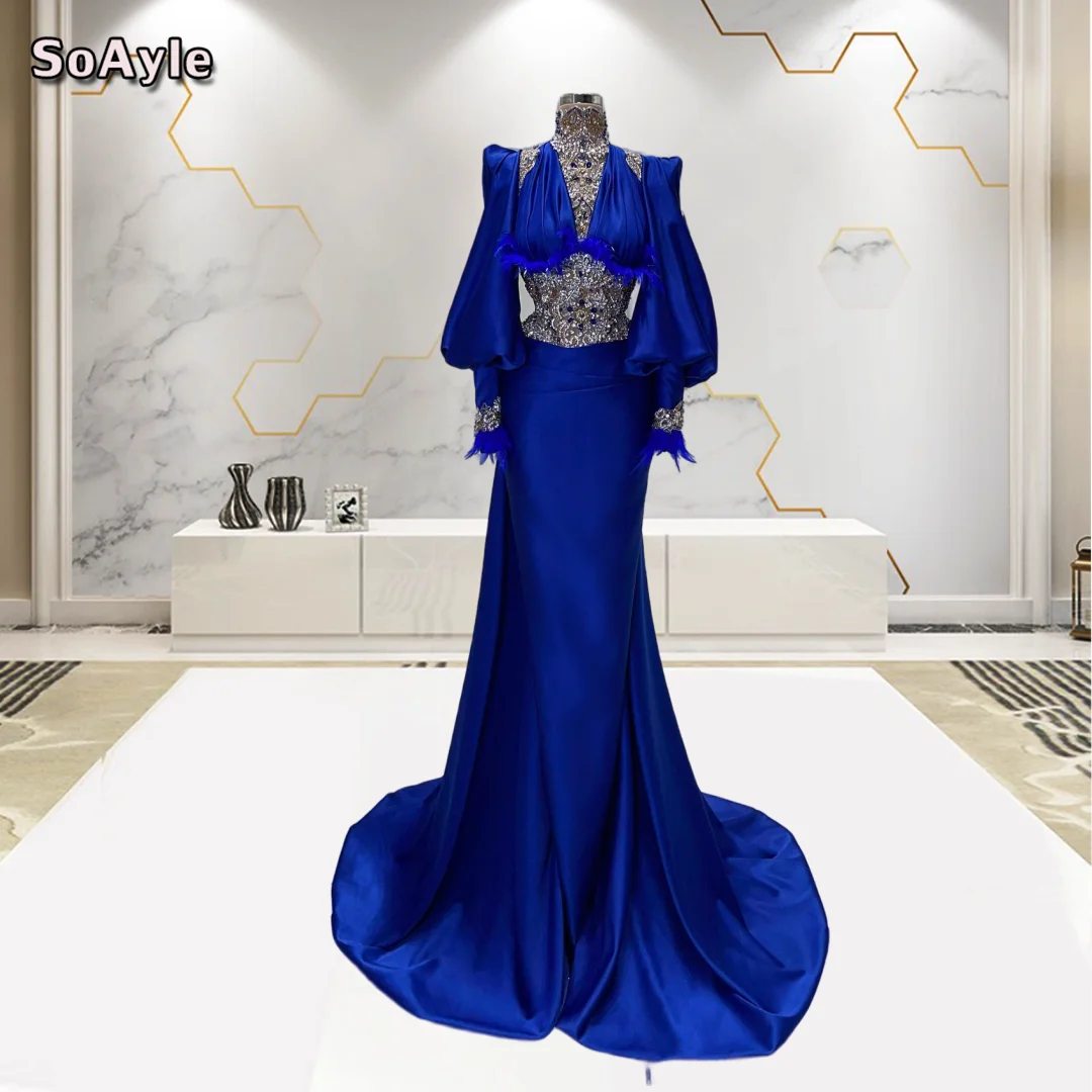 

SoAyle Luxury Beaded Evening Dresses Bishop Sleeve Saudi Arabia Prom Dress with Feather Formal Party Dress Plus Size 2023
