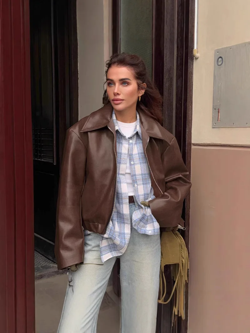 Womens Jacket Outerwears Cropped Faux Leather Jacket Autumn Long Sleeve Burgundy Bomber Jackets Casual Zipper Short Jacket - 3