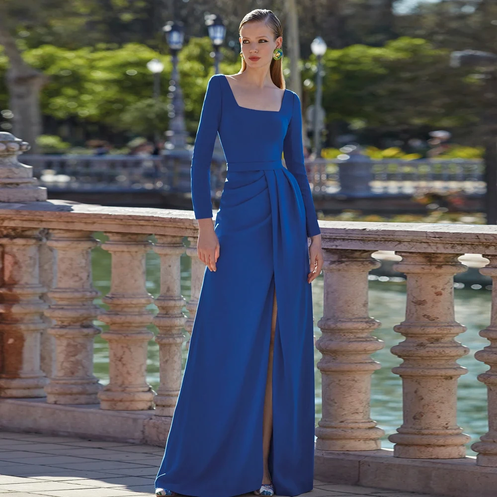 

Elegant Mother of the Bride Dresses Square Neck Long Sleeves Wedding Party Gowns Pleat Floor-Length Front Slit فساتين السهرة