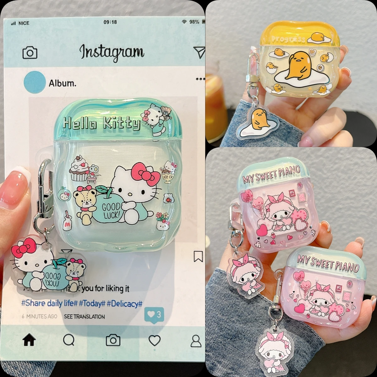 Charming Glossy TPU Earphone Case with Pendant - HelloKitty, MySweetPiano & Gudetama Design