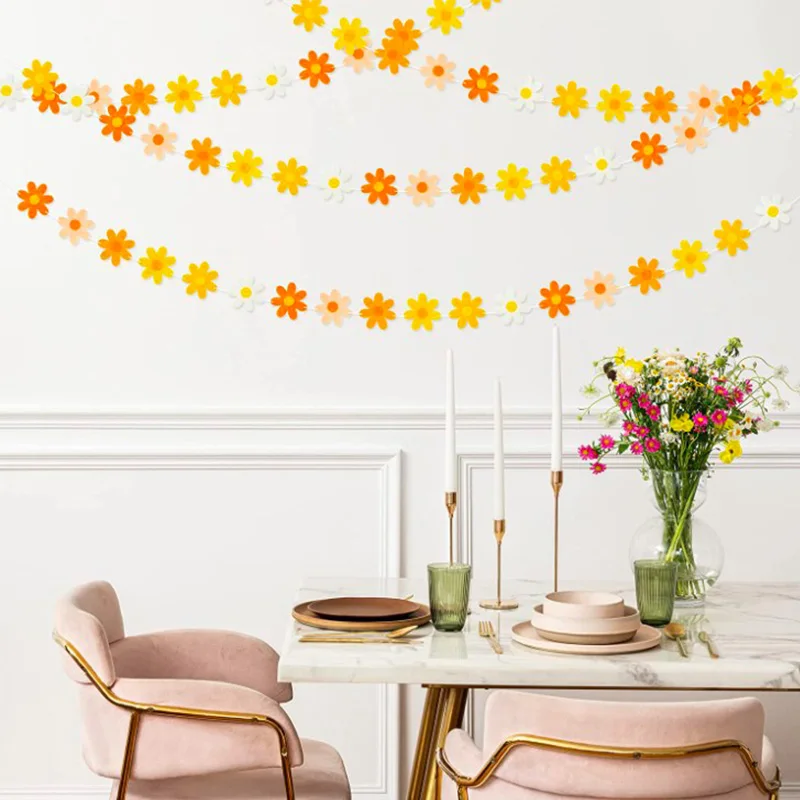 Artificial Flower Garland Daisy Orange Yellow Felt Flower Banner Hippie Thankgiving Fall Boho Birthday Party Streamer Decoration party decorations birthday banner birthday streamers