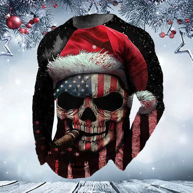 Men Women Ugly Christmas Sweater Funny American Flag Skull Printed Christmas Jumpers Tops Couple Holiday Party Xmas Sweatshirt