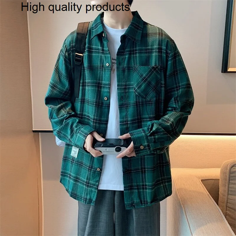 

2023 New Men Oversized Shirt Long Sleeve Single Breasted Male Plaid Korean Style Fashion Vintage Clothes Green Streetwear