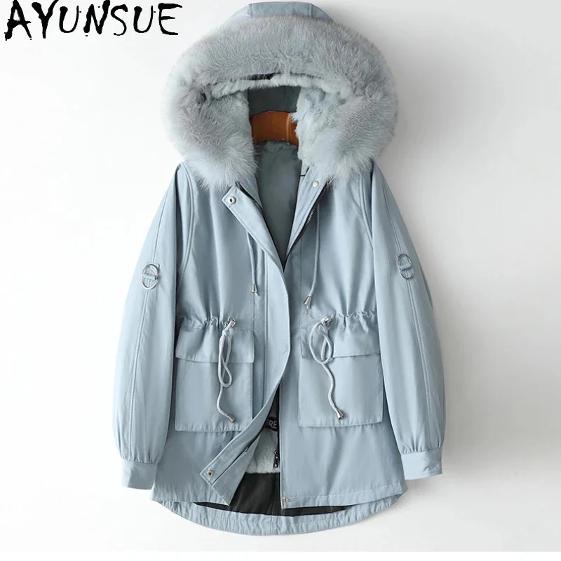 

New AYUNSUE Fashion Women's Fur Parkas Detachable Rabbit Liner Coat Winter Jackets for Women 2024 Hooded Fox Collar