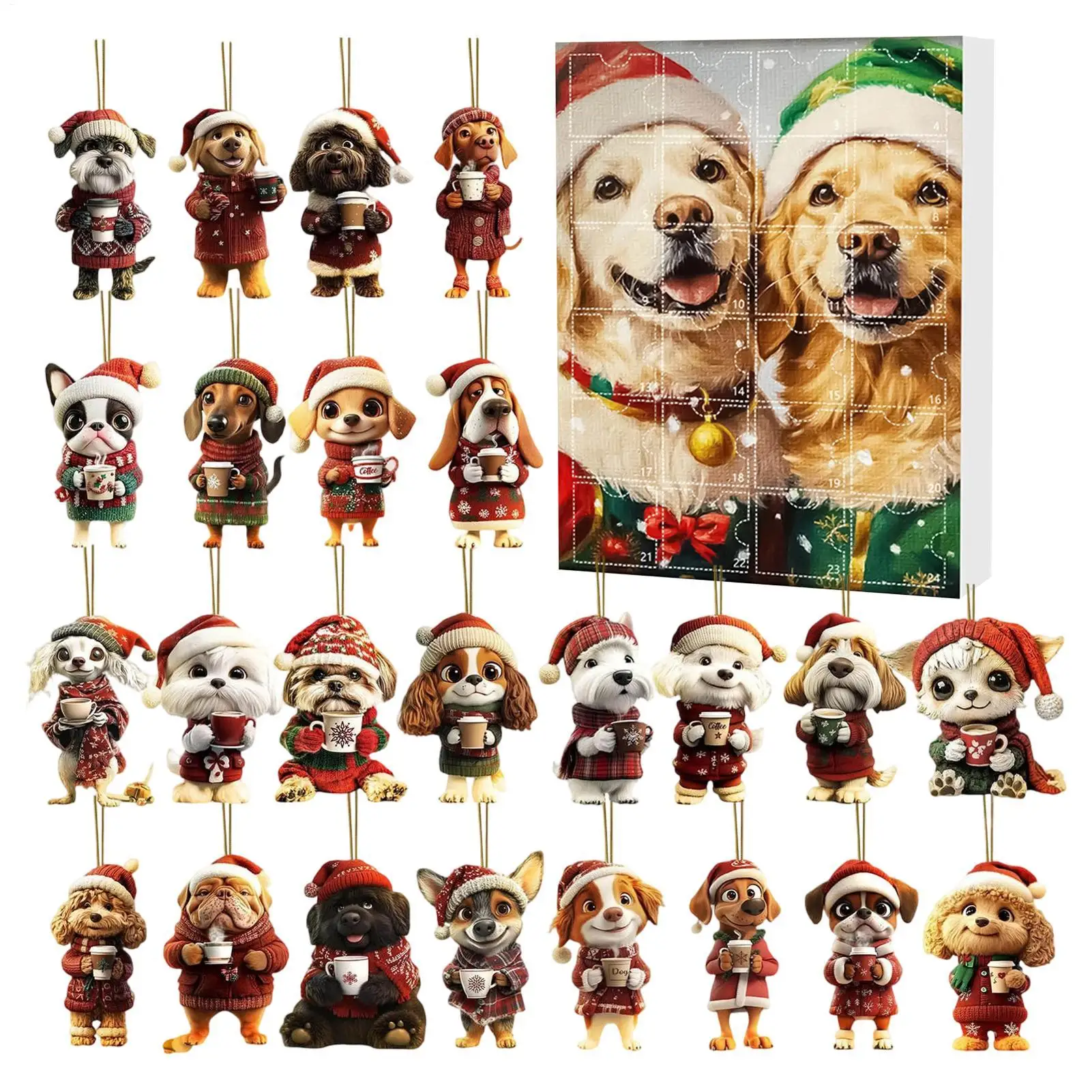 Christmas Advent Calendar 2D Acrylic Puppy Charm Decor 24 Days Cartoon Dog Ornament Countdown Calendar for Xmas Tree Decor