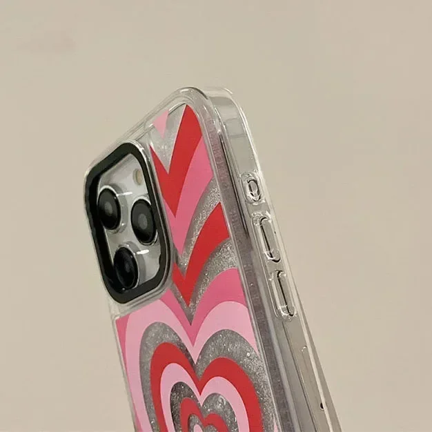 Transparent Border Silver Quicksand Pink Heart iPhone 12 13 14 15 Pro Max Case - Protective iPhone Case