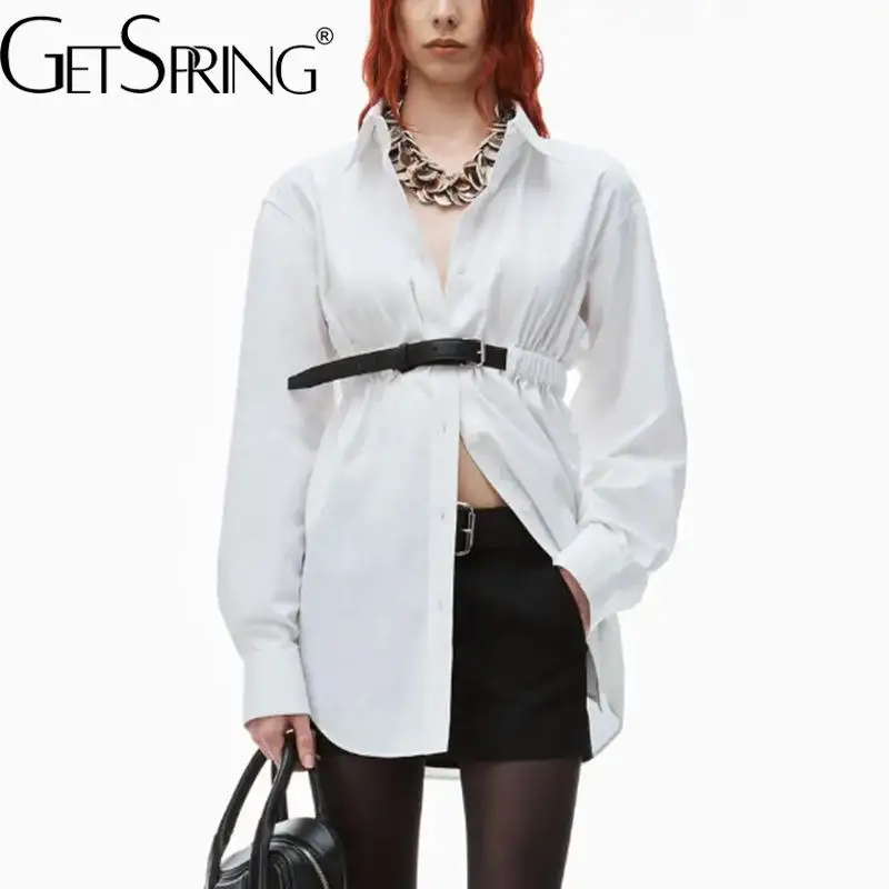 

Getspring Women Shirt Patchwork Asymmetry Long Sleeves White Casual Shirts Blouses Color Matching Fashion Blouses Tops 2024 New