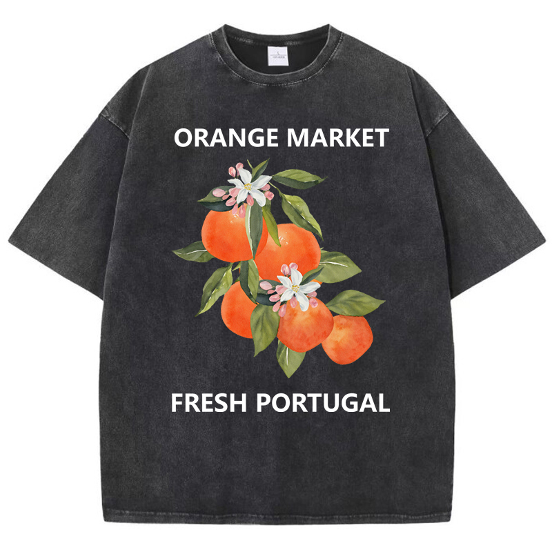 Orange Fruits Market Fresh Portugal Print Women Washed T Shirt Cotton Loose T-Shirt Sport All-Match Short Sleeve Summer Soft Top